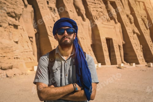 Preview: A young man wearing a blue turban in the Egyptian Temple of Nefertari near Abu Simbel