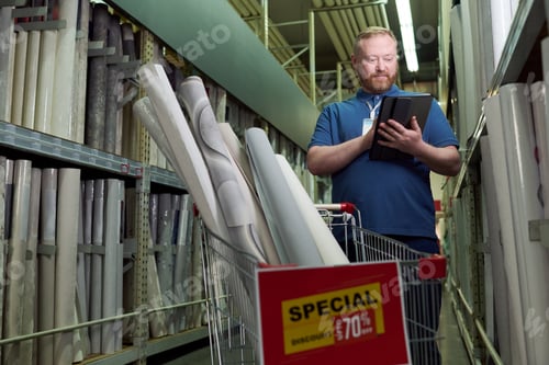 Preview: Man Using Digital Tablet While Shopping in Hardware Store