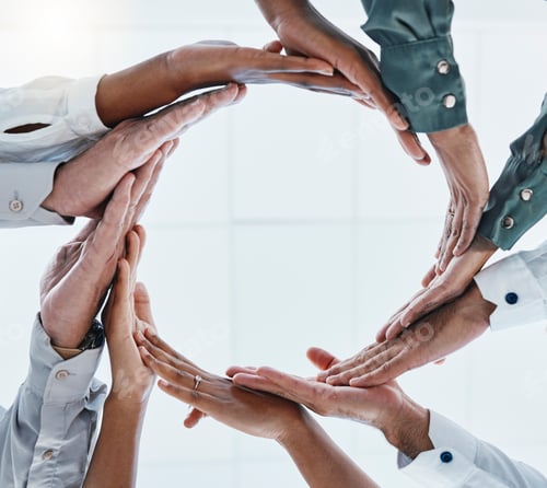 Preview: Teamwork, collaboration and hands of business people in circle for motivation, support and connect