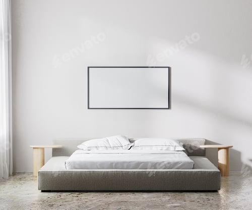 Preview: Mockup frame in bedroom interior, scandinavian style, 3d render