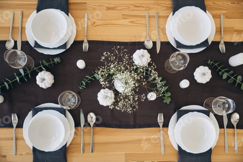 Preview: Thanksgiving table setting, tableware and decor, decoration, family holiday. Autumn mockup, top view