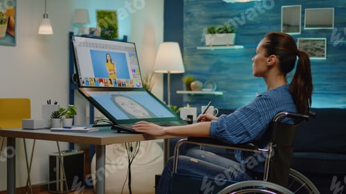 Preview: Artist with handicap retouching pictures on touch screen
