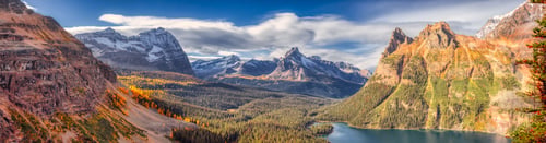 Preview: Panoramic View of Glacier Lake with Canadian Rocky Mountains in Background