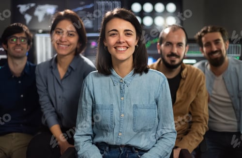 Preview: Group photo of stock traders teams in the office looking at camera. Focus on woman in the middle.