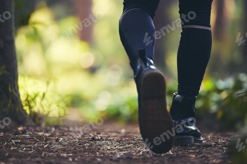 Preview: Walking man, legs and hiking in forest, nature woods or trail for adventure, workout or fitness exe