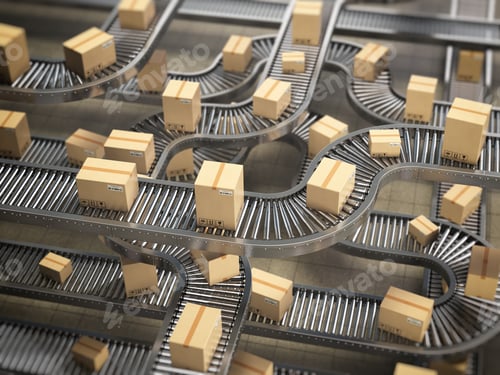 Preview: Cardboard boxes on conveyor roller in distribution warehouse, De
