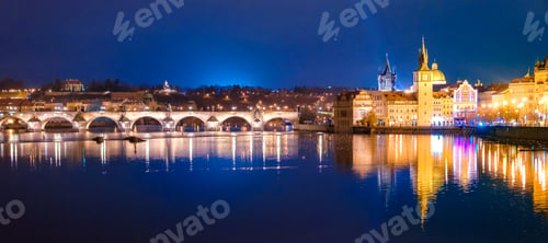 Preview: Charles Bridge and Karlovy Lazne at night lights in Prague, Czech Republic