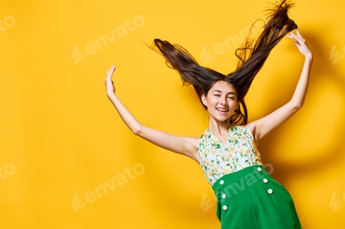 Preview: style woman slim fashion young happy trendy yellow emotion beautiful stylish