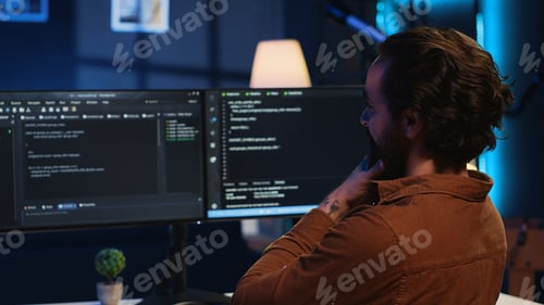 Preview: Joyful IT specialist doing contracted job from apartment, writing lines of code