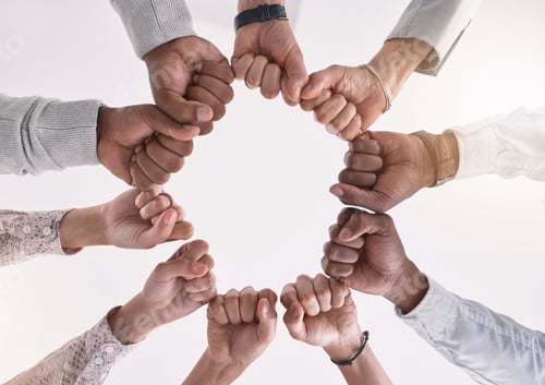Preview: Hands, teamwork and fist for business meeting support, motivation and success of global market stra
