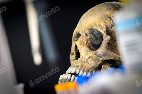 Preview: Skull adult person in murder investigation in a forensic laboratory, conceptual image