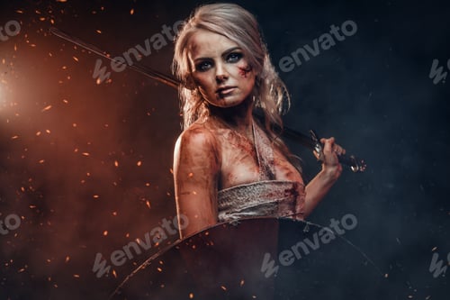Preview: Fantasy woman warrior wearing rag cloth stained with blood and mud, holding sword and shield