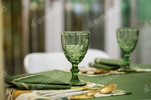 Preview: Dinner table setting idea with textured green glass goblets.