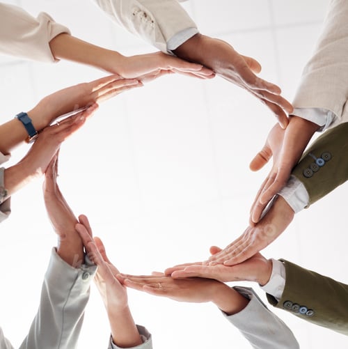 Preview: Circle, teamwork and synergy hands of people collaboration, workflow and group or team building fro