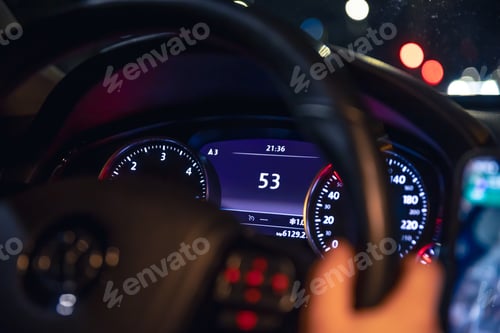 Preview: Speed indication and women's hands on the steering wheel in a car at night.