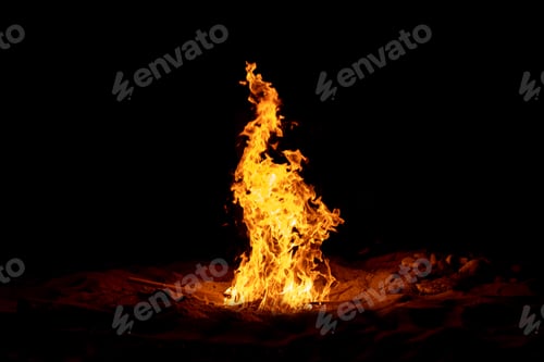 Preview: Fire flame burning isolated on dark background. Abstract fireplace burning light on black backdrop.