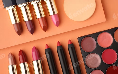 Preview: Minimal modern cosmetic scene with make up brushes, eye shadows palette