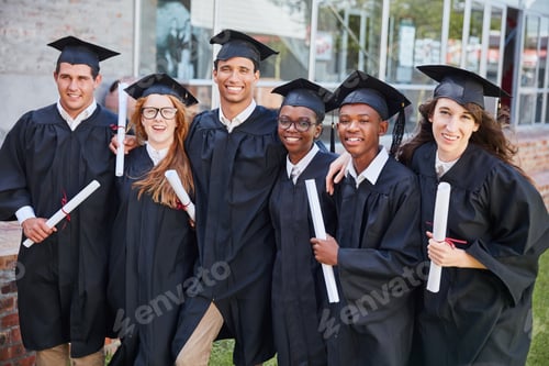 Preview: Portrait of a happy group of students standing outside on their graduation day