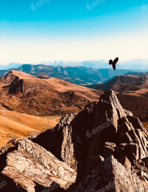 Preview: Vertical beautiful shot of a bird flying over rocky cliffs and mountains against a blue horizon sky