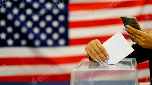 Preview: woman putting a ballot in a ballot box on election day.