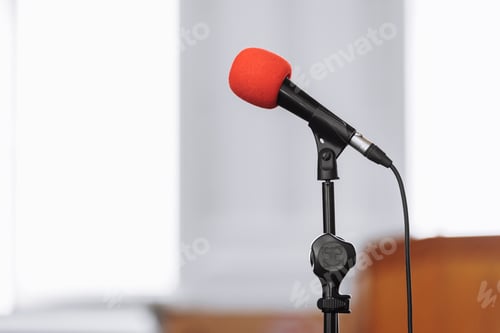 Preview: microphone on stage in business seminar, speech presentation, town meeting, lecture hall, conference