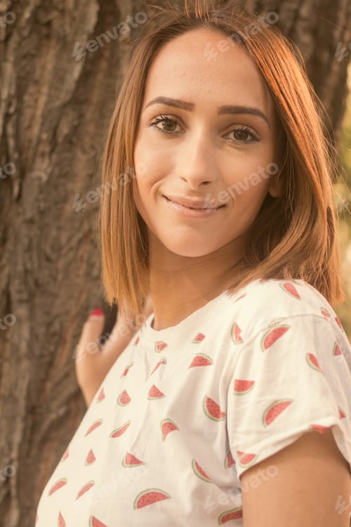 Preview: One Young Woman Portrait Head Face, Upper Body, Head And Shoulders Shot, Sunny Day Outdoors Wood