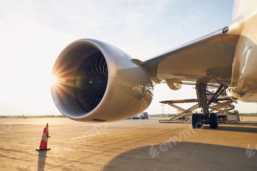 Preview: Large jet engine at sunset
