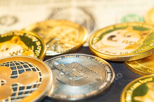 Preview: Concept of cryptocurrency with golden and silver coins on a black surface