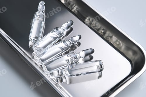 Preview: Glass ampoules in a steel medical tray.
