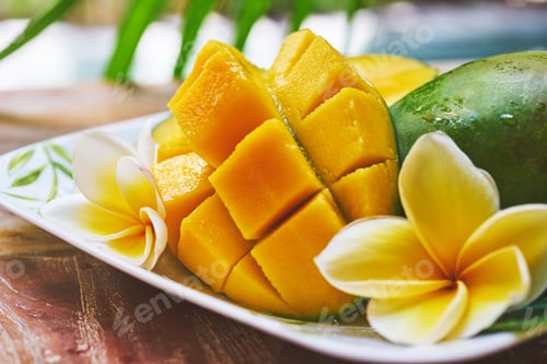 Preview: Fresh mango on a wooden tabel with tropical background. Soft focus.