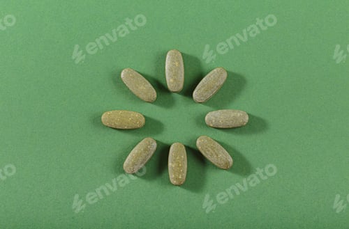 Preview: Herbal and Vitamin Green pills freely laid on green background