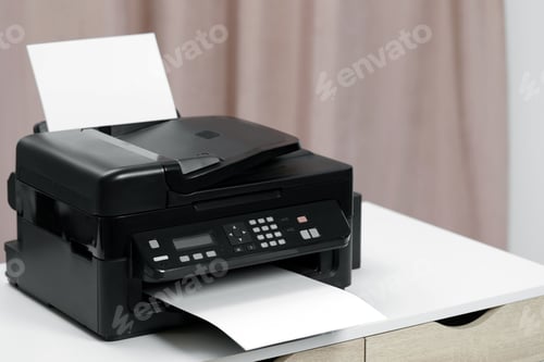 Preview: Modern printer with paper on white table indoors, space for text
