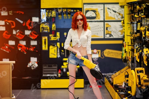 Preview: Red haired model posed with large angle grinder at store or household shop of working tools.