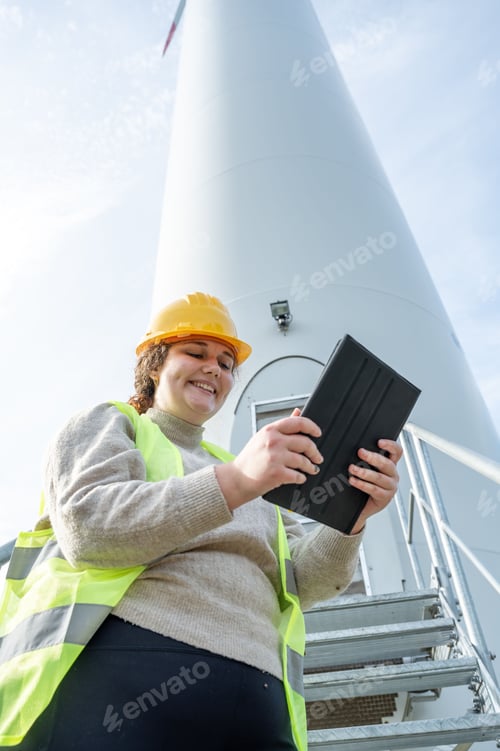 Preview: Female worker in a safety vest smiling at her tablet
