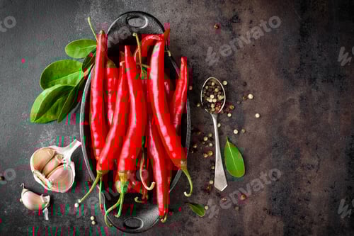Preview: red hot chili pepper corns and pods on dark old metal culinary background