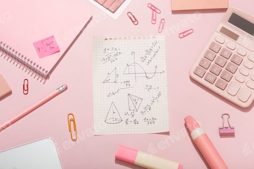 Preview: On a pink background, pink school supplies, a calculator, cheat sheets