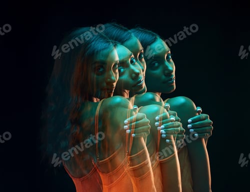 Preview: Green light, fashion portrait and Indian woman double exposure with beauty and luxury brand aesthet