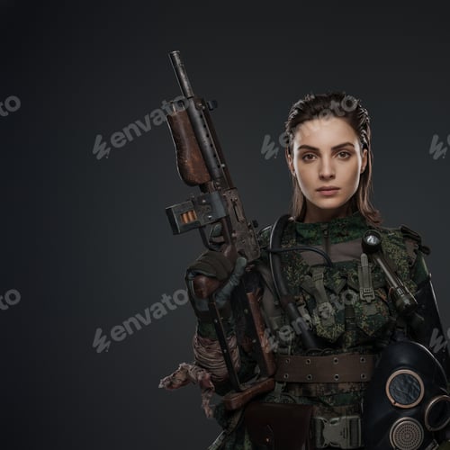 Preview: Portrait of a female soldier holding a homemade automatic rifle