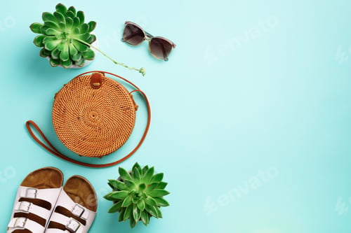 Preview: Stylish rattan bag, birkenstocks, succulent, sunglasses on blue background. Banner. Top view with