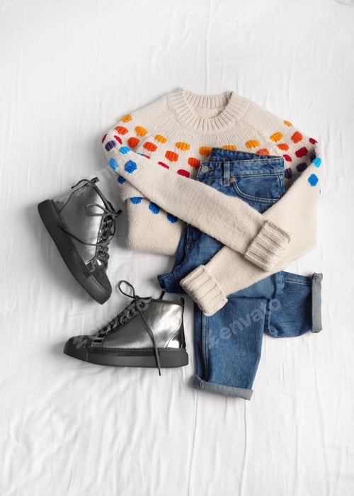 Preview: Flat lay composition with jeans, sweater and shoes on white fabric