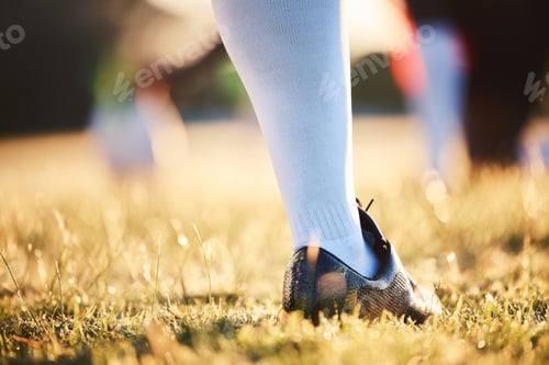 Preview: Sports, rugby and foot of person on field ready for game, competition and tournament outdoors. Fitn