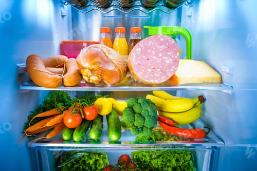 Preview: Open refrigerator filled with food
