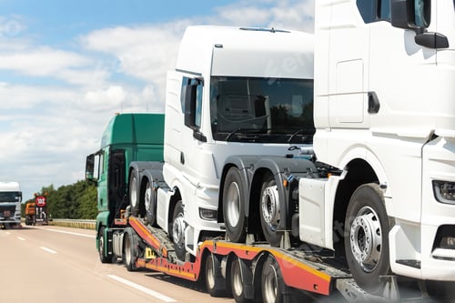 Preview: Back view of semi-trailer flatbed vehicle deliverying many new electric trucks sale automotive