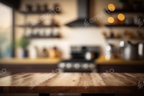 Preview: Closeup of an empty wooden kitchen table with copyspace and a blurry background