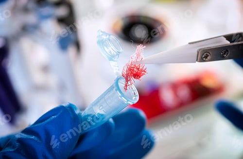 Preview: Police scientist examines bloodstained gauze from a drug overdose case, conceptual image