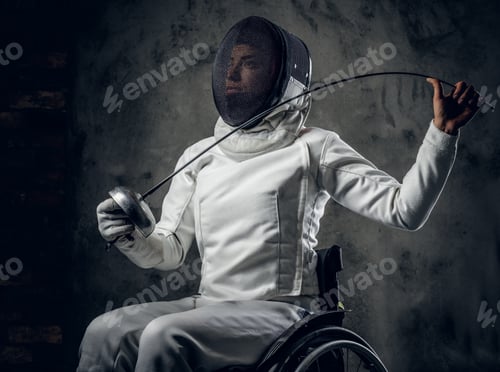 Preview: Female paralympic wheelchair fencer.