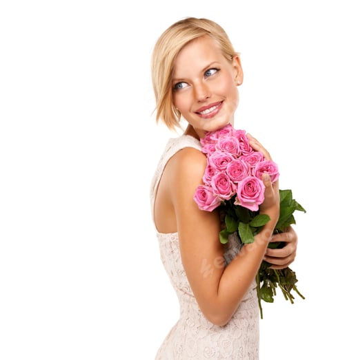 Preview: Smiling Woman Holding Pink Roses On White Background