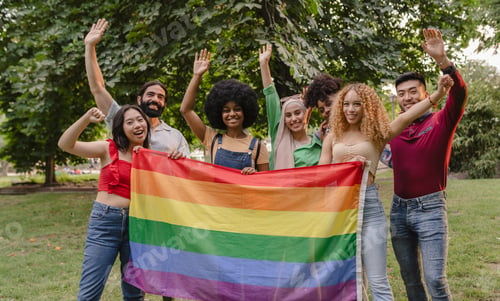 Preview: Friends Celebrating Pride with Rainbow Flag in Park