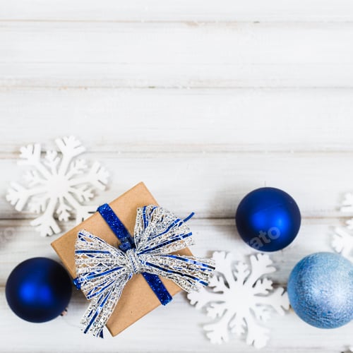 Preview: Festive Gift and Ornaments on White Wood