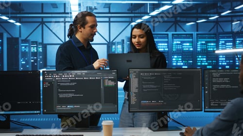 Preview: Programmer and supervisor in server room doing brainstorming